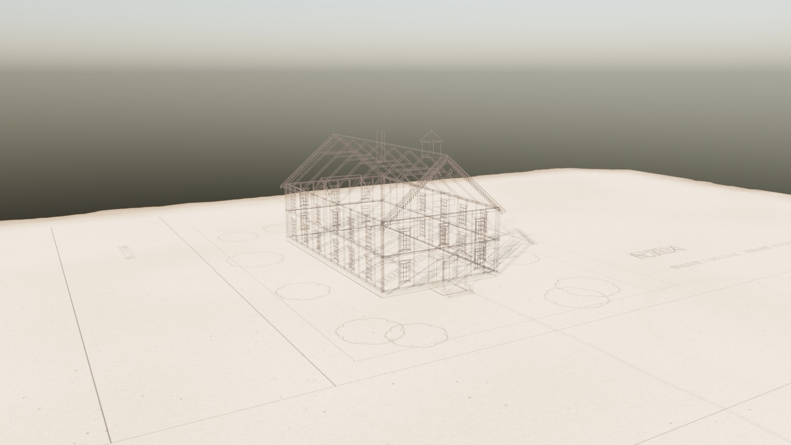 図面の上にインクの線で建物が立ち上がる