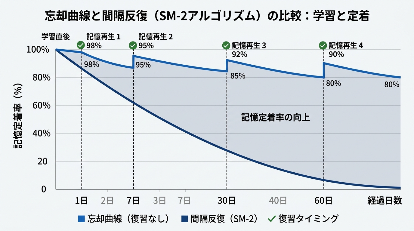 忘却曲線と間隔反復 (SM-2) アルゴリズムの比較グラフ