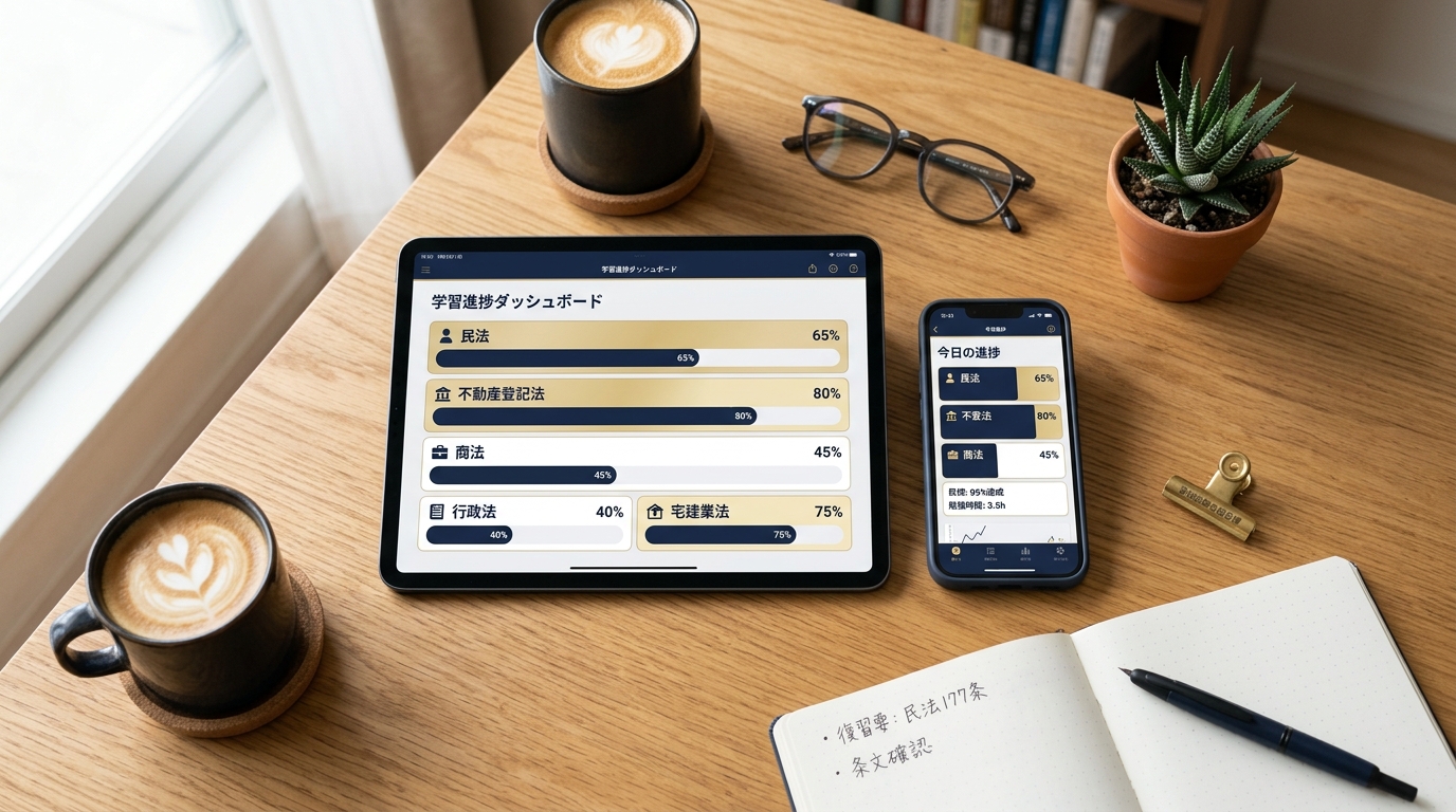 iPad / iPhone の学習進捗ダッシュボード — 科目別の習熟度がグラフ表示