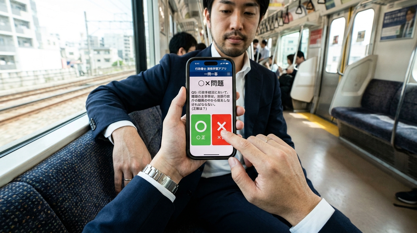 電車内で iPhone の○×問題を片手で解いている様子