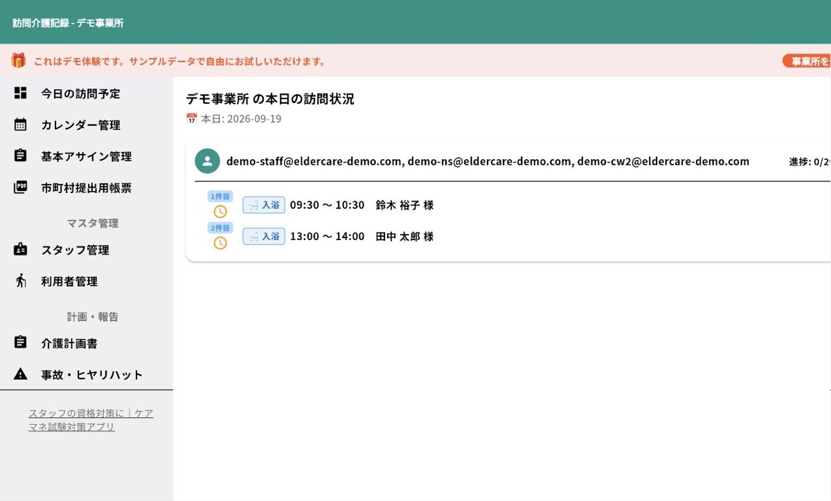 管理者画面。今日の訪問状況と左メニュー。