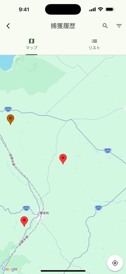 捕獲履歴（地図）の画面